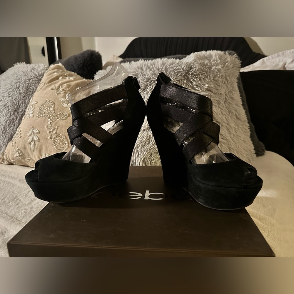 Bebe - Drew Wedges / Sandals - Black Suede & Elastic Straps - Size 7